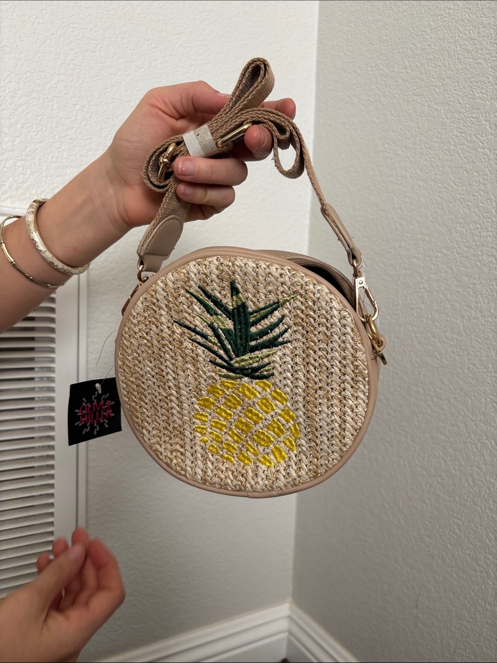Round Straw Pineapple Crossbody Bag - Beige